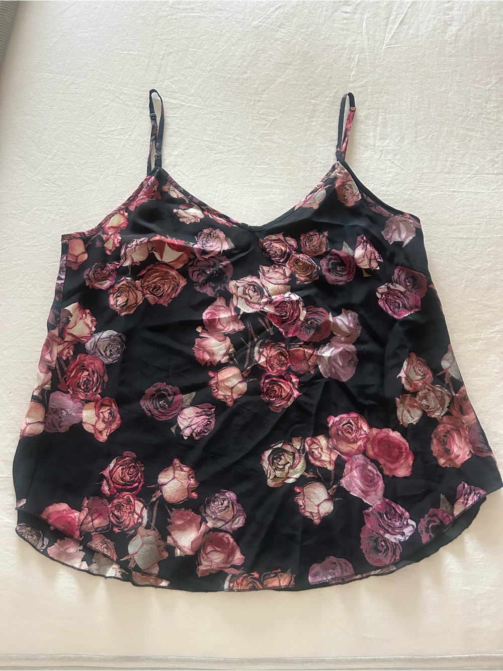 Aritzia Black Satin Camisole with Pink Rose Print